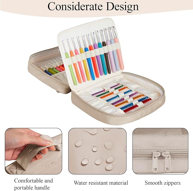 Crochet Hook Case, Lightweight Crochet Hook Organizer with Clear Zipper Pockets, Crochet Hook Holder for Knitting Needle Storage, Gift for Women and Crochet Enthusiasts (Light Brown)