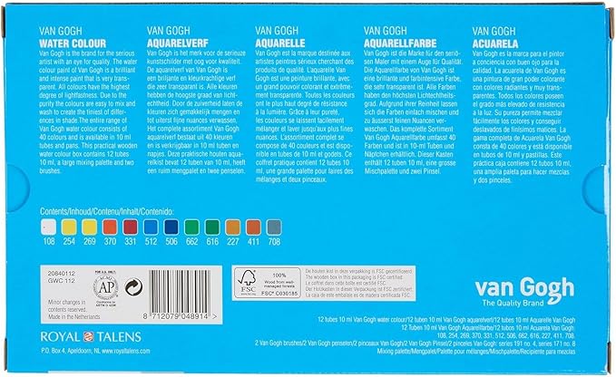 Van Gogh Watercolor Paint Set, Wood Box, 12-Tube + 3 Accessories