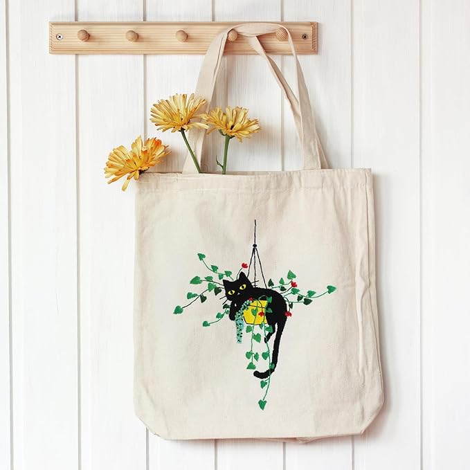Louise Maelys Canvas Tote Bag Embroidery Kit for Beginners,Cross Stitch Kits for Adults,Arts and DIY Crafts Needlepoint with Plant Cat Pattern,Women Shopping Reusable Grocery Bags
