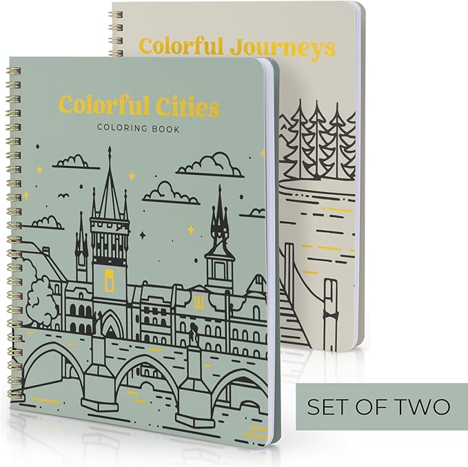 Beautiful Adult Coloring Book Set of 2 for Relaxation - Inspirational Adventures and Landmarks Scenery for the Spirit of Wanderlust - Perfect Stress-Relieving Gift for Women (Journeys & Cities, 2)