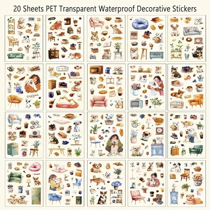 Journal Sticker Book for Journaling and Scrapbooking, Women Pet Coffee Time Theme, 20 Sheets 3.9x5.9 inches, Precut Clear PET Stickers for Junk Journal Supplies, Collage, Scrap Booking