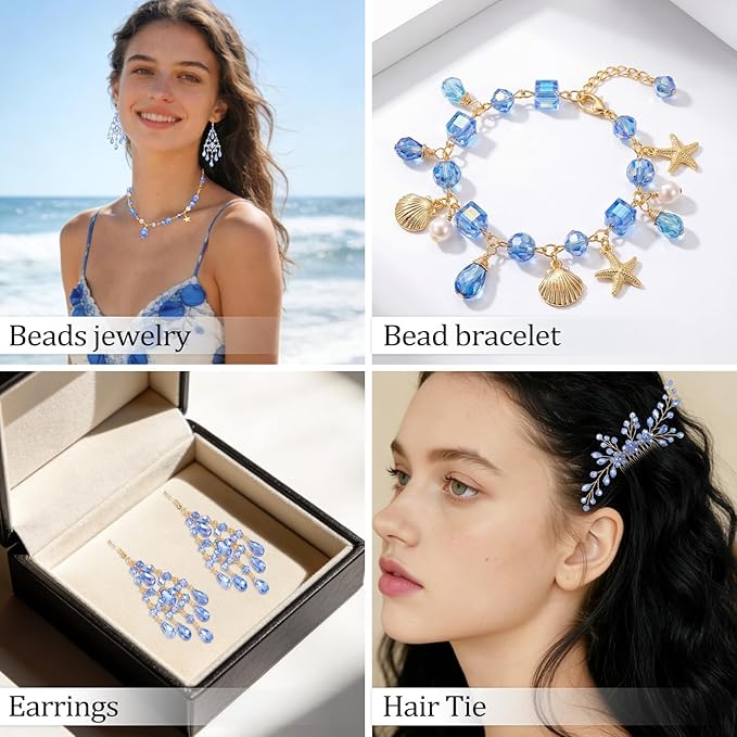 Song Xi 1500PCS Glass Beads for Jewelry Making, Assorted Faceted Crystal Beads Kit for Bracelet Earring Necklace, for DIY Clear and Iridescent Christmas Gift (AB Lake Blue) ﻿ ﻿
