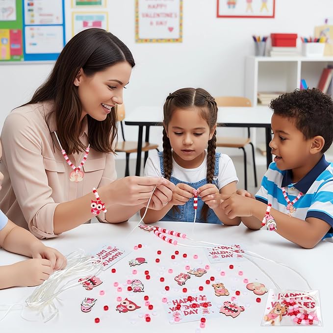 Bafeil 24-Set Valentine's Day Beads Necklaces Bulk Crafts Kit - Red Pink Pony Beads with Cute Wooden Charms, DIY Beaded Necklaces Heart for Party Favors Classroom Goodie Bags Stuffers Gifts
