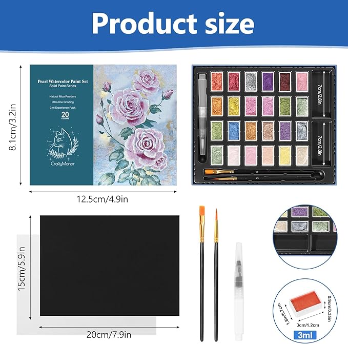 3ml Glitter Watercolor Paint Set with Paper, 24 Colors Shimmer Metallic Watercolour Painting Sets, Solid Pearl Water Color Paints for Adult, Rococo Style (Rococo 24Colors-L)