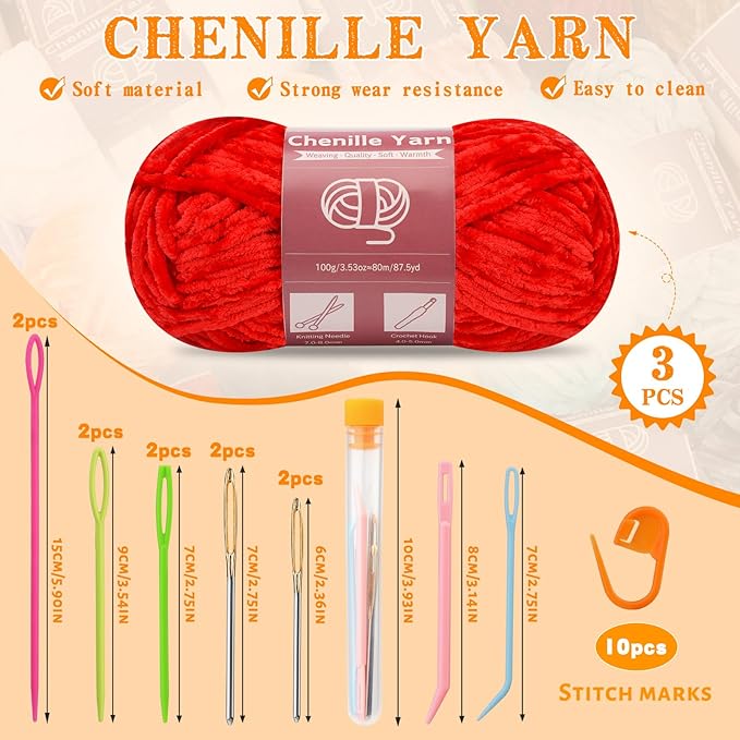 LUNARM Chenille Yarn for Crocheting Knitting, 3 Skein 263 Yard Thick Soft Chunky Fluffy Weaving Plush Yarn for Blankets Clothes Pattern Creations with Big Eye Needles (Red)