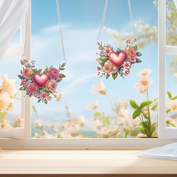 2 Pack Diamond Painting Rose Heart Hanging Ornaments – DIY Crystal Art Sun Catcher Kit for Window, Wall or Car – Romantic Valentine’s Day Decor & Gift for Her