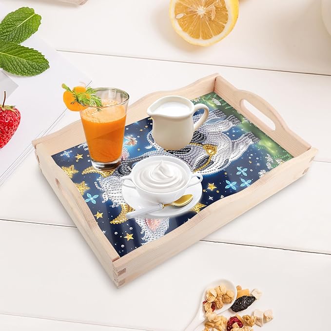 DIY Diamond Art Tray with Handle Diamond Art Painting Plate Creative Design Handmade Wooden Tray Mosaic Making Kits by Number Kits Diamond Art for Coffee Living Room Home Organizer (Milk Cow)