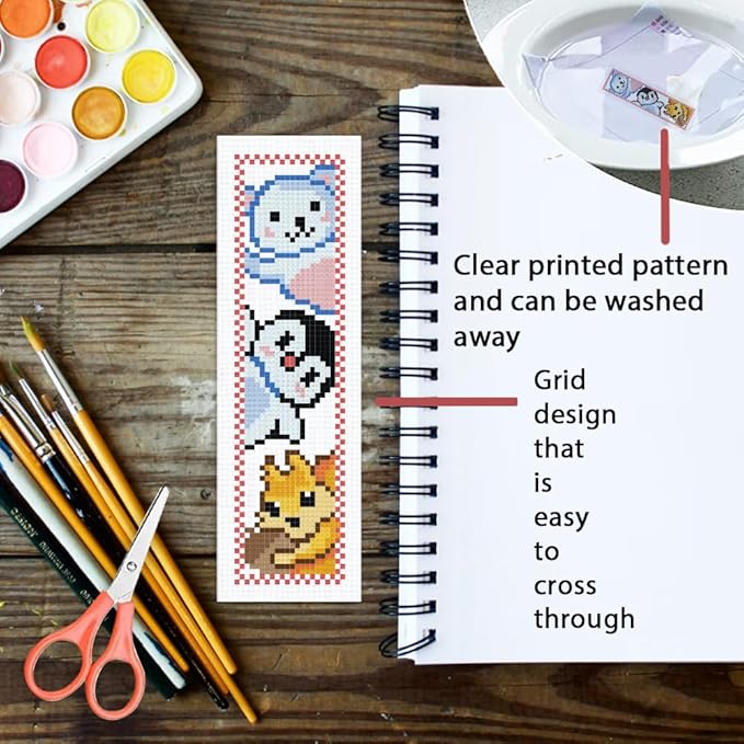 ORIGACH 6 Set Animals Cross Stitch Bookmark Kit for Beginner with Backing Felt Floss Instructions DIY Stamped Embroidery Bookmark Kit for Adults, Book Lovers