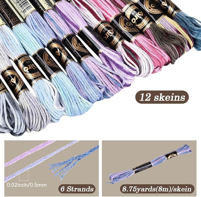 12 Skeins 105 Yards Cross Stitch Floss Variegated Embroidery Thread Bulk 6 Ply Polyester Colorful Purple Friendship Bracelet String for Sewing Making Needlecraft Knitting Clothes Stitching