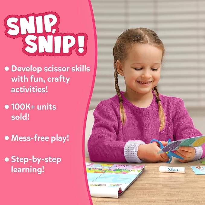 skillmatics scissor skills activity book - snip snip unicorns & princesses, 25 fun cutting & creative activities, 2 child-safe scissors, felt craft kit, valentine’s day gift for ages 3, 4, 5, 6, 7