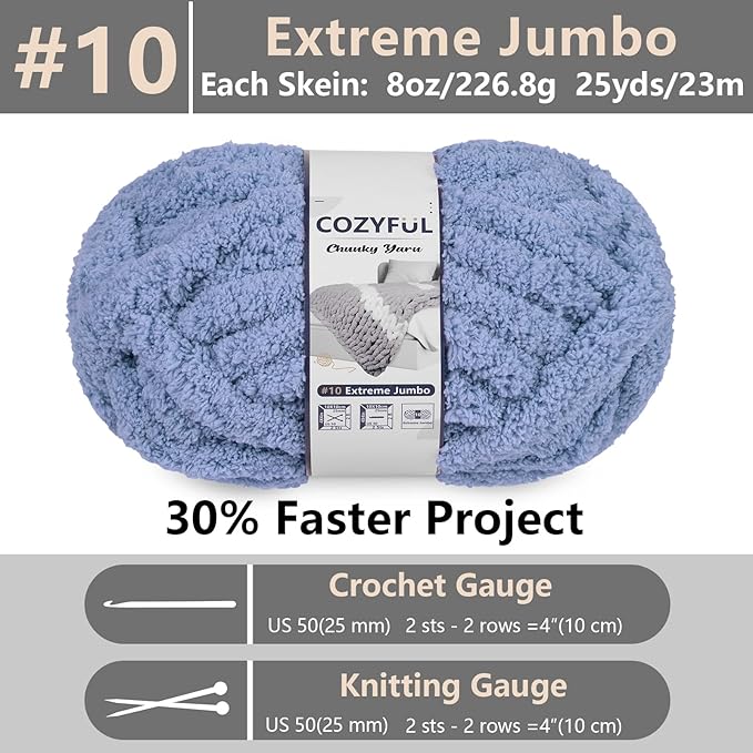 Chunky Yarn for Hand Knitting - #10 Chunky Chenille Yarn, Jumbo Big Thick Chunky Yarns for Crocheting, Super Bulky Chunky Knit Blanket Yarns, 8 Skein (25 yds 8 oz Each Skein), Blue Gray