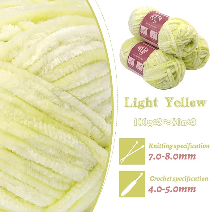 LUNARM Chenille Yarn for Crocheting Knitting, 3 Skein 263 Yard Thick Soft Chunky Fluffy Weaving Plush Yarn for Blankets Clothes Pattern Creations with Big Eye Needles (Light Yellow)