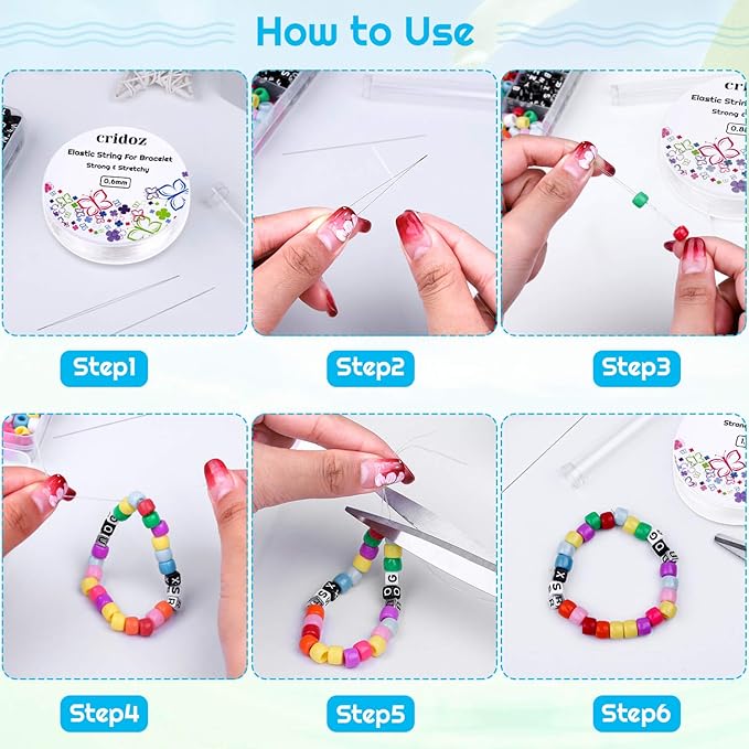 Stretchy String for Bracelets, Cridoz 5 Rolls Clear Elastic String Stretch Cord Jewelry Bead Bracelet String with 2 Pcs Beading Needles for Seed Beads, Pony Beads