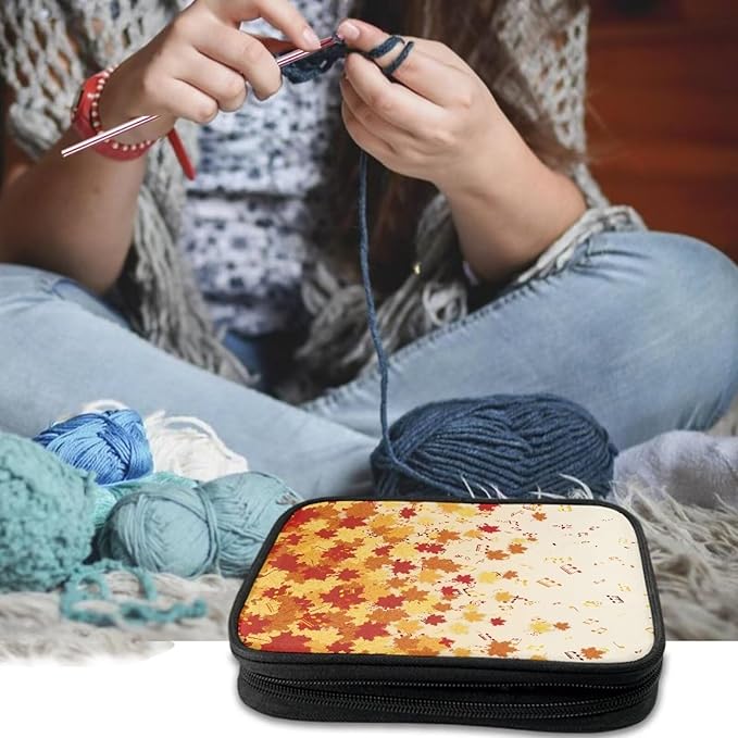 Hechitok Maple Leaf Music Crochet Hook Case Empty Zipper Bags Organizer Travel Crochet Storage Bag with Web Pocket for Carrying Various Crochets and Knitting Accessories