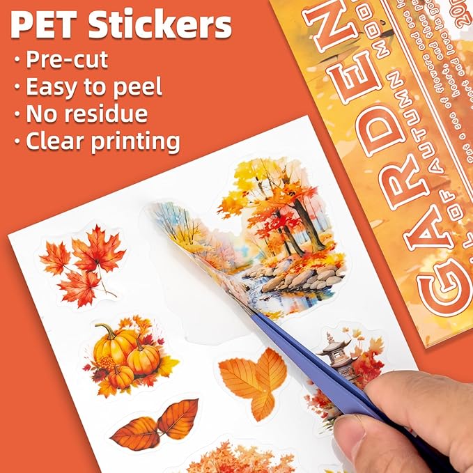 Autumn Filled The Garden Sticker Scrapbooking Supplies for Junk Journal, 20 Sheets PET Stickers - Vintage Journaling Stickers, Ephemera Sticker Book Pre Cut(TZ-009-003)