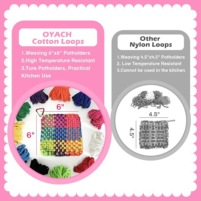 OYACH 440pcs 7inch Cotton Potholder Weaving Loom Refill Loops,11 Colors Rainbow Loops Bands,Pot Holder Loom Loops Pack with Hooks for Kids Adults DIY Crafts,12pcs Cotton Potholders(Loom not Included)