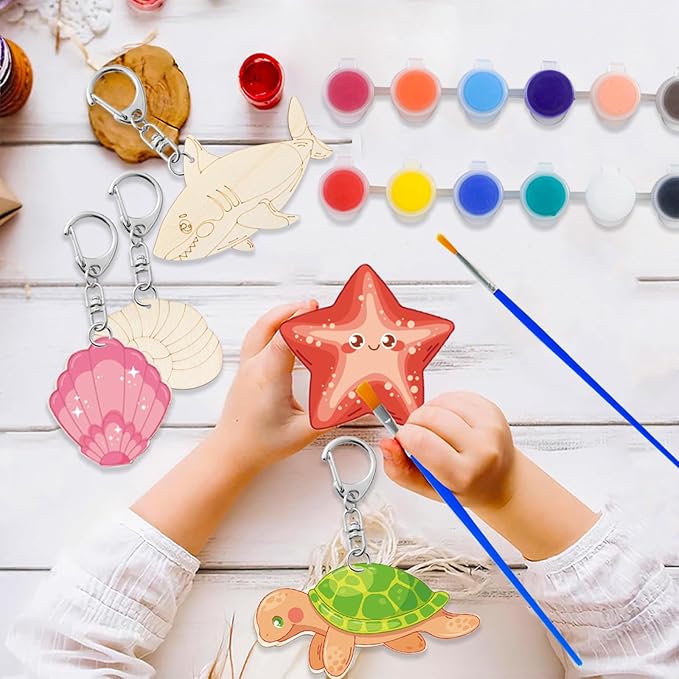JHGCVX 30 Pieces Sea Life Painting Craft Kits，DIY Wooden Coloring Keychain for Christmas Gifts Ocean Theme Birthday Party Decorations Supplies