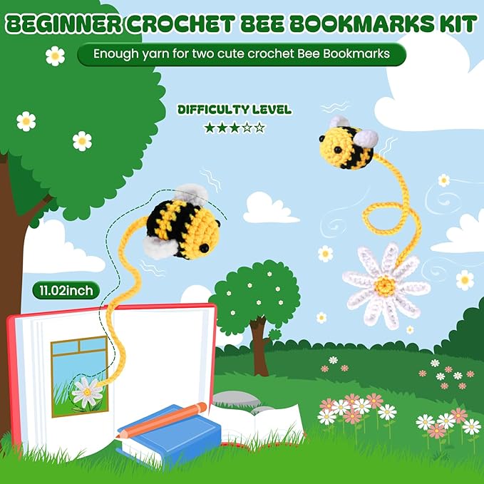 Crochetta Crochet Kit for Beginners, Crochet Starter Kit w Step-by-Step Video Tutorials, Beginner Crochet Kit for Adults Kids Women Men Complete Kit Included (Bee Bookmark)