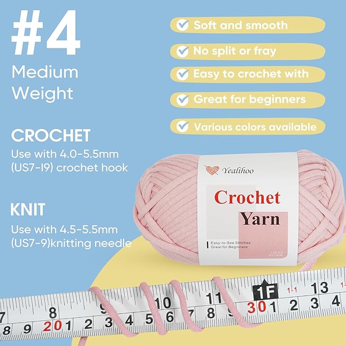 Beginners Yarn for Crocheting, Easy Crochet Yarn for Beginners, 3 Pack × 1.8 oz Amigurumi Yarns, Bunny Crochet Kit, Thick and Soft, Easy-to-See Stitches, Worsted Medium # 4, Cotton-Nylon Blend