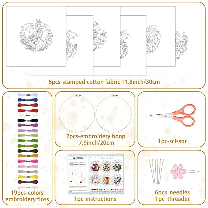 BEUNITONE 6 Sets Embroidery Kits for Beginners with Dragon and Flowers Patterns, DIY Craft Kits for Adults Include Embroidery Hoops and Instructions, Needlepoint Kits for Craft Lover and Home Decor