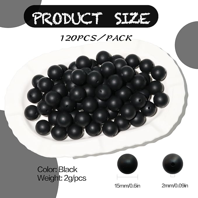 120pcs 15mm Bulk Silicone Beads for Pens, Keychains, Necklaces and Bracelets Making,Assorted Rubber Beads Set (Black)
