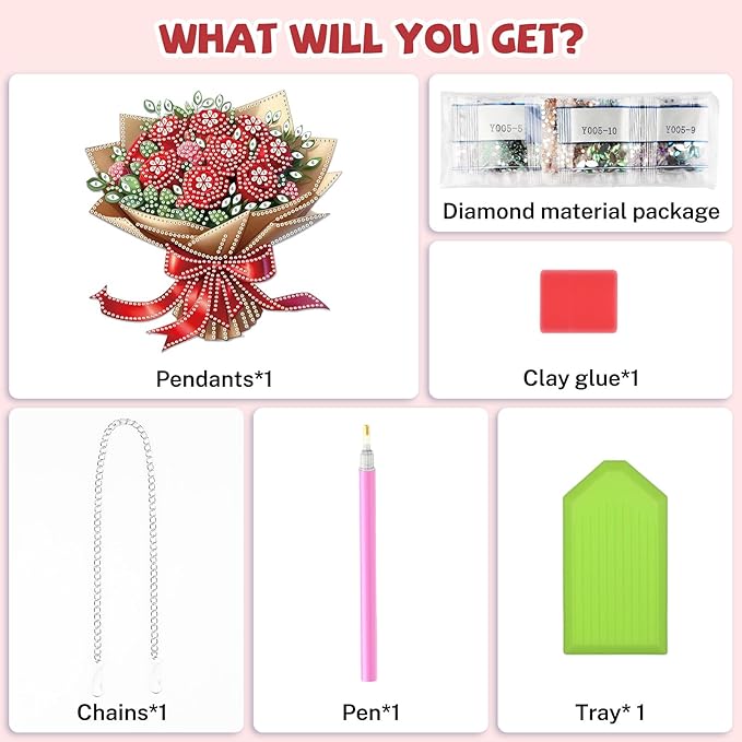 Bowetile Valentine's Day Diamond Art Hanging Kits for Adults, Diamond Art Suncatchers Red Rose Bouquet, 5D Special Shape Diamond Painting Flower Pendant Window Ornament Gifts for Home Door Wall Decor