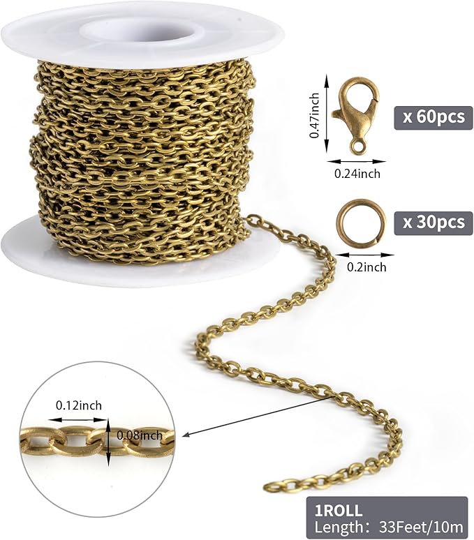 Lemonkey 33 Feet Metal Bronze Necklace Chains Cable O-Shaped Links Chains Bulk for Jewelry Making DIY Craft Kit with Lobster Clasps Jump Rings