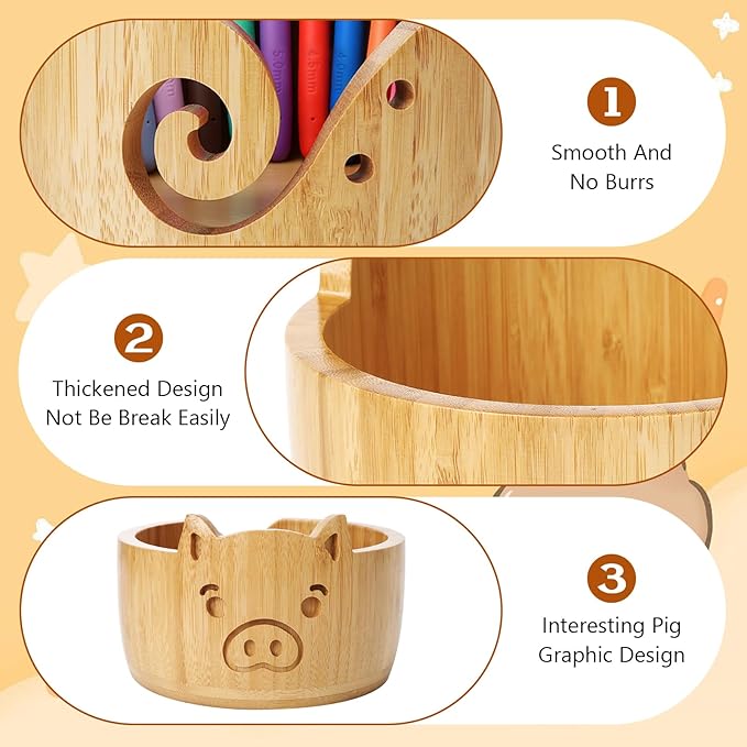 Wooden Pig Yarn Bowl Set, 6.7in x 4.1in Large Yarn Bowl for Crocheting, Complete Crochet Accessories Kit with 12 Size Crochet Hooks, Tape Measure, Counter, Scissors & Storage Bag