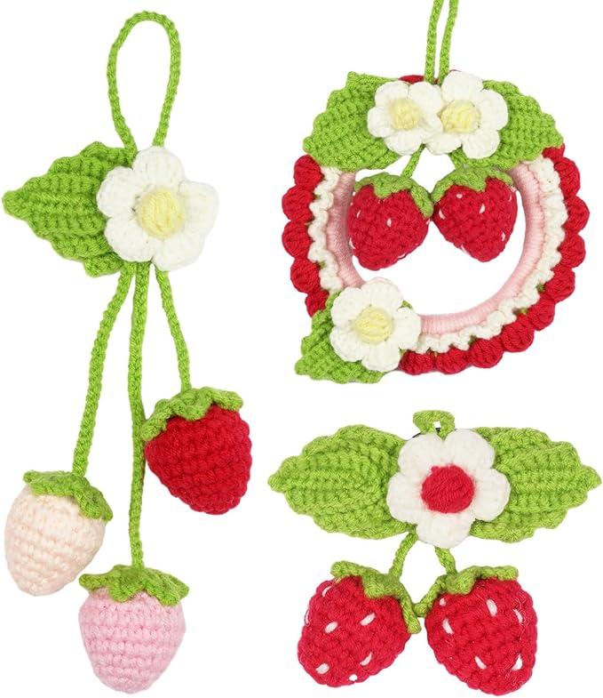 Crochet Kit for Beginners,Crochet Strawberry Ornaments,Plant Hanging Decorations with Step-by-Step Video Tutorials, 3 Pack Strawberry Decor