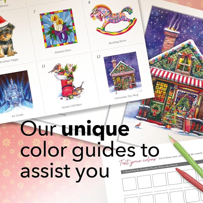 Castle Arts Christmas Colouring Book | Compendium of Cards, Calendar and Scenes Curated to Lift the Spirit | with Colour Reference Guide | No Show-Thru Artist Grade Paper | Frameable Landscape A4 Size