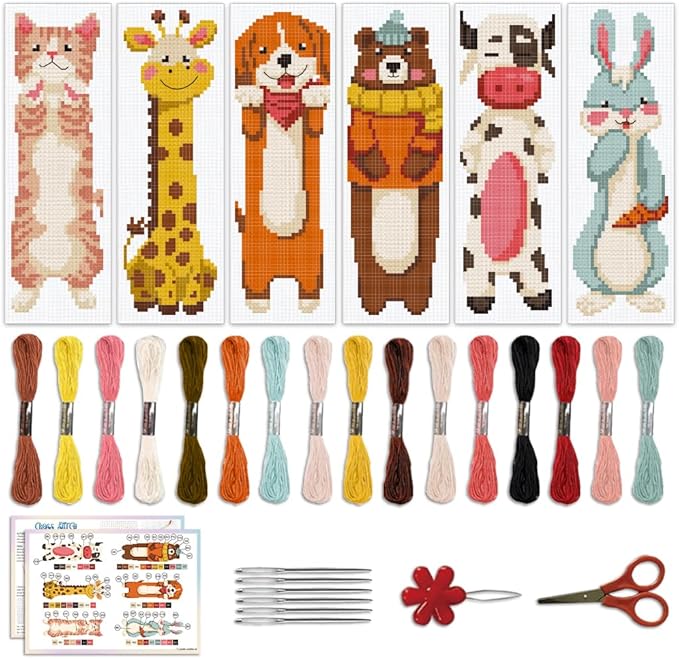 ACRNIGHEET 6PCS Cross Stitch Bookmark Kit for Beginner Cartoon Animals Stamped Cross Stitch Kits for Adults DIY Embroidery Bookmark Kits Crossstitch Kits Adult with Instructions Hand Craft Gift 11CT