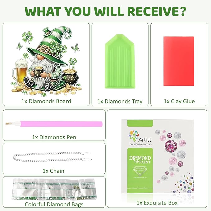 MEIYUDA St. Patrick's Day Hanging Diamond Art Kits for Adult, Beer Clover Gnome Diamond Painting Kits Ornaments, DIY Special Shaped Rhinestone Window Pendants kit for Home Garden Wall Decor Gift