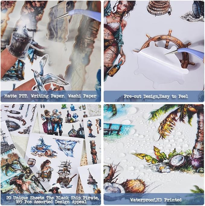 Dwetpzo Vintage Pre-Cut Journal Pirate Sticker Book for Junk Journaling Supplies, Washi, Paper, Transparent PET Stickers for Scrapbooking, Collage, Planner, Bujo, 20 Sheets