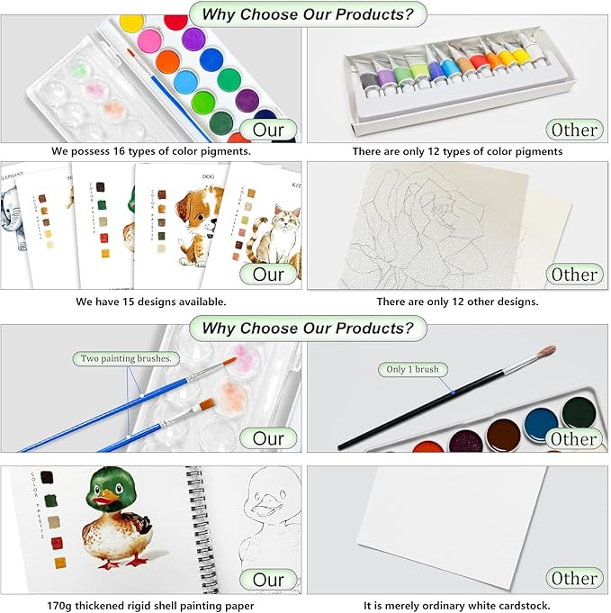 Watercolor Workbooks, 16 Colors Water Color Books Paint Set for Adults, Watercolor Coloring Book for Beginners, Water Color Workbook, 15 Beautiful Paintings for Beginners (Animals)