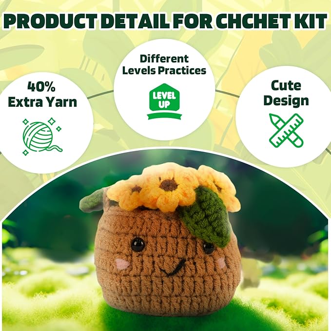 Imcrasy Crochet Kit | Crochet Kit for Beginners | Beginner Crochet & Knitting Kit with Step by Step Video Lessons | 4 PC Cute Potted Plants Crochet Kit with Crochet Accessories(40%+ Yarn) | WhiteBrown