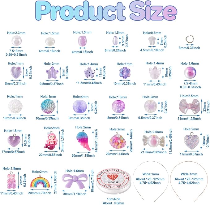 FASHEWELRY 876Pcs Purple Acrylic Pony Beads Cute Gummy Beads Kawaii Clear Beads Assorted Star Heart Bowknot Beads Bulk for Bracelets Necklaces Hair Band Jewelry Making