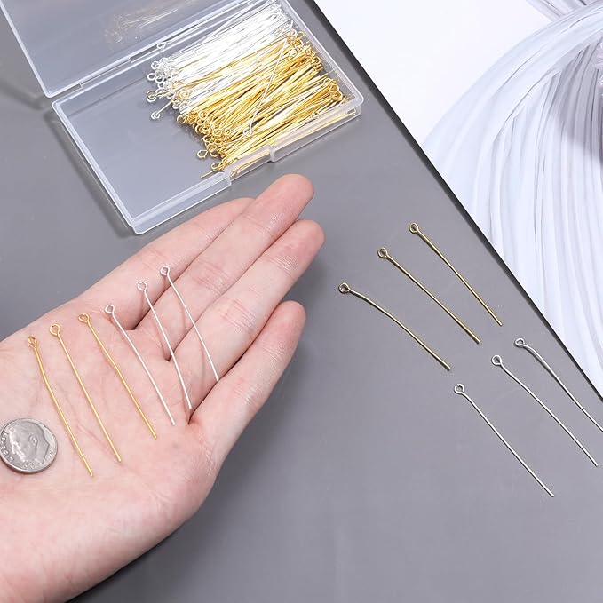 200 Pcs 50mm Straight Eye Pins for Craft Earring Bracelet Necklace Pendant DIY Jewelry Making, Silver & Gold Color
