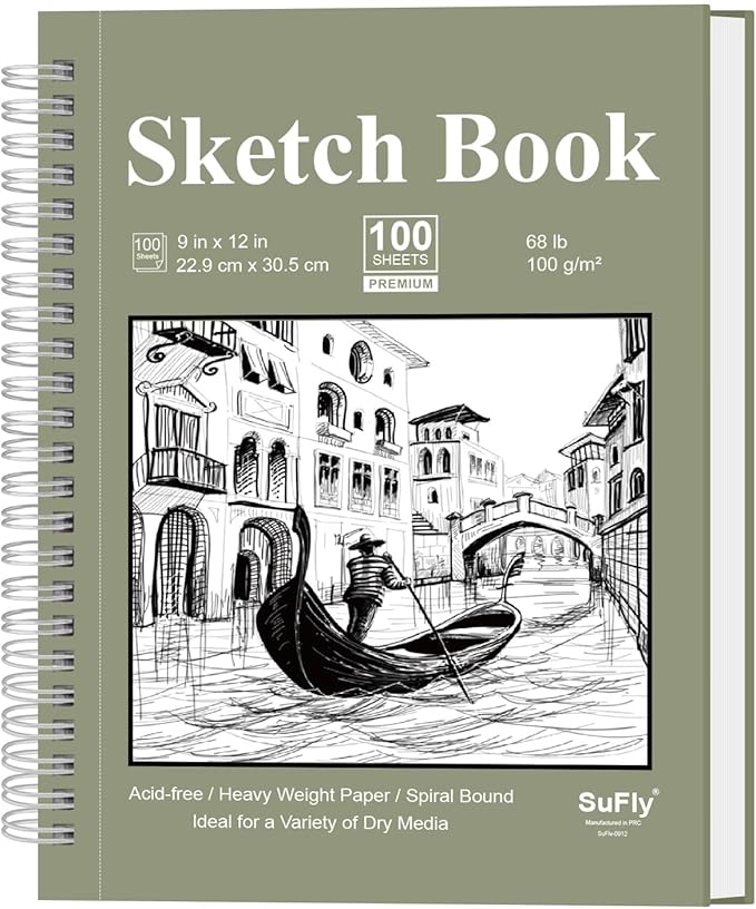 9 x 12 sketchbook, 68lb/100gsm sketch pad 100 sheets spiral bound acid free drawing paper with hard cover art paper for drawing and painting for graphite pencil, charcoal, pastels, for kids & adults