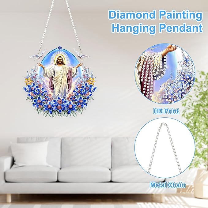 TOSTOG Diamond Art Hanging Kits for Adults, 5D Jesus Diamond Paintings for Adults Window Pendant, Special Shape Diamonds DIY Jesus Diamond Paintings Hanging Pendant Kit for Wall Decor Gift