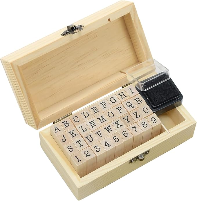 Letter Stamps 36 Pcs with Wooden Storage Box, Premium Alphabet Stamps Set for Crafting, Essential Rubber Letter Stamp Kit for Clay, DIY Cards & Scrapbooking