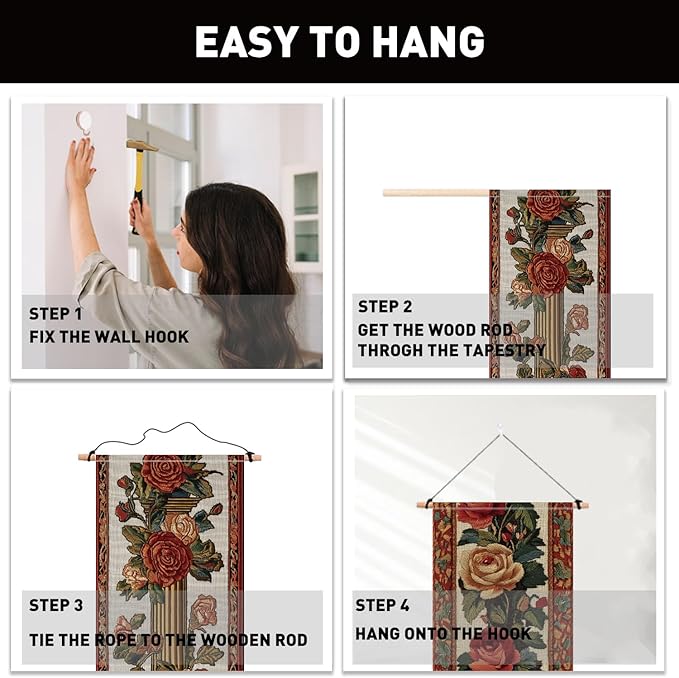 PLIGREAT 2 Pack Vintage Floral Tapestry with Tassels, 52" x 13" Rose Border Vine Aesthetic Wall Hanging Vertical Home Art Tapestry for Bedroom Living Room Bathroom Long Narrow Wall Hanging Art Decor