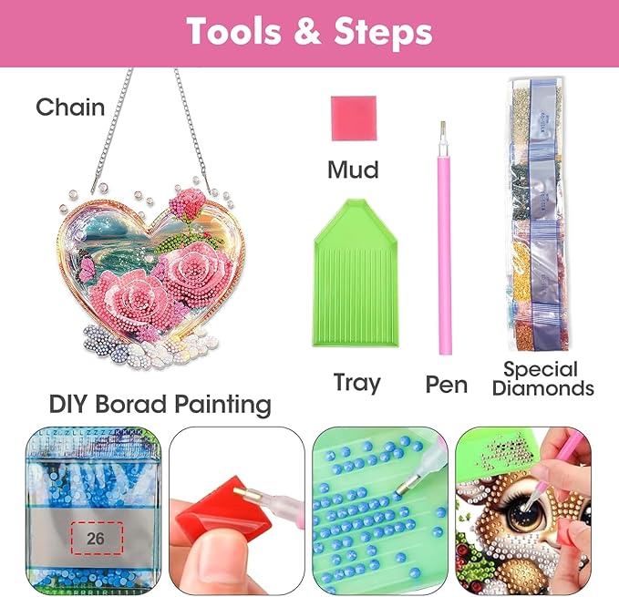 Miwixy Roses in Love Hanging Diamond Art Kits for Adults,Valentine Beach Special Shaped Crystal Diamond Painting Ornament Kit DIY Double-Sided Pattern Window Pendant Gem Art for Home Wall Decor