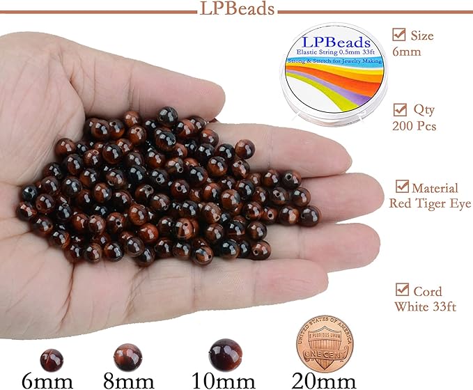 LPBeads 200Pcs Polished 6mm Round Natural Brown Red Tiger Eye Gemstone Loose Beads with Stretch Cord for Jewelry Making Bracelets