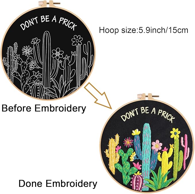 Louise Maelys Cactus Embroidery Kits for Beginners,Funny Plant Cross Stitch Kit for Adults,DIY Needlepoint Including Hoop,Instruction and Threads