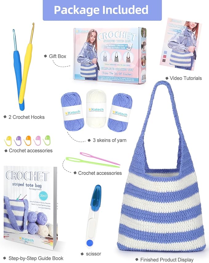 Katech Crochet Kit for Beginners, Striped Tote Bag Crochets Set Includes Yarn Crochet Hooks, Complete Crochets Step-by-Step Guide Needles Accessories Adults Crocheted Starter Kit Crocheter Gift