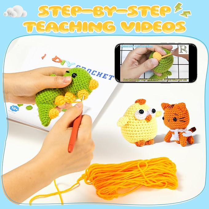8Pcs Crochet Kit for Beginners, 2026 DIY Craft for Adults and Kids, Great Birthday Gift for Crochet Lovers, Crocheting Animal Kits with Step by Step Videos,Yarn,Crochet Hook