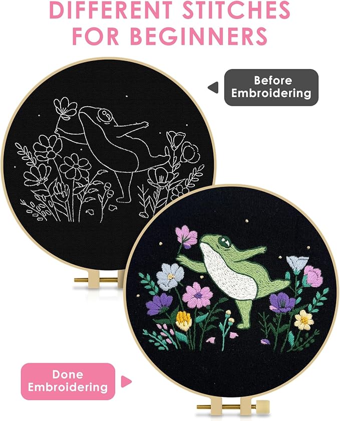 TINDTOP Embroidery Kit for Beginners Adult, Frog Embroidery Kit for Beginners Include Embroidery Cloth Hoops Threads for Craft Lover Hand Stitch with Embroidery Skill Techniques
