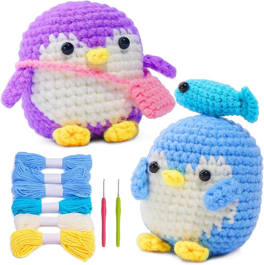 2 Pack Crochet Kit for Beginners, Animal Crochet Kit, Cute Crochet Starter Kit with Video Tutorial, 2 Crochet Hooks, Colored Crochet Yarns, 5 Stitch Markers Complete Crochet Set to Make 2 Penguins
