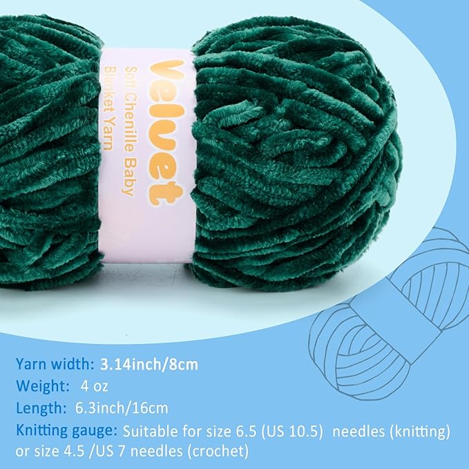 Velvet Yarn Chenille Yarn for Crocheting and Knitting Soft Chenille Bulky Baby Blanket Yarn DIY Weaving Craft 8pack Dark Green(4oz 66yds Each)