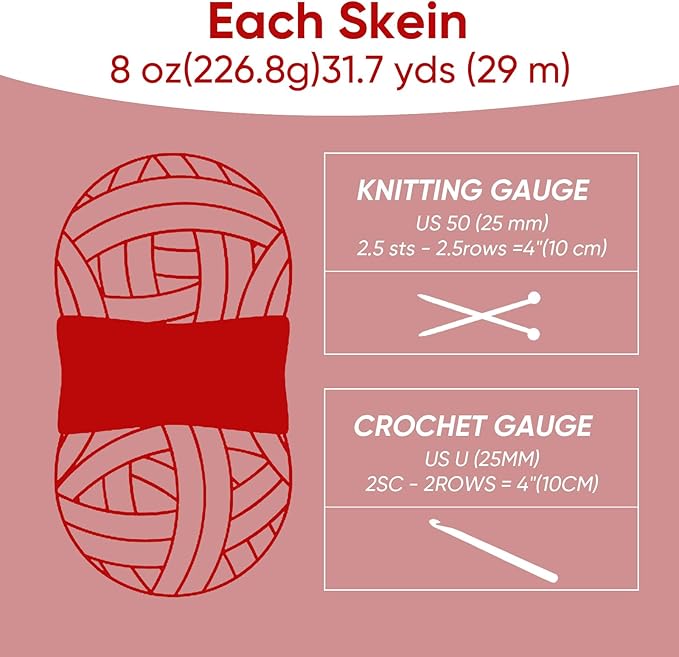 8 Jumbo Packs Chunky Chenille Yarn for Crocheting, 31.7 yds, 8 oz Each Skein Bulky Thick Fluffy Yarn for Knitting, Super Bulky Chunky Yarn for Hand Knitting Blanket, Soft Plush - Red
